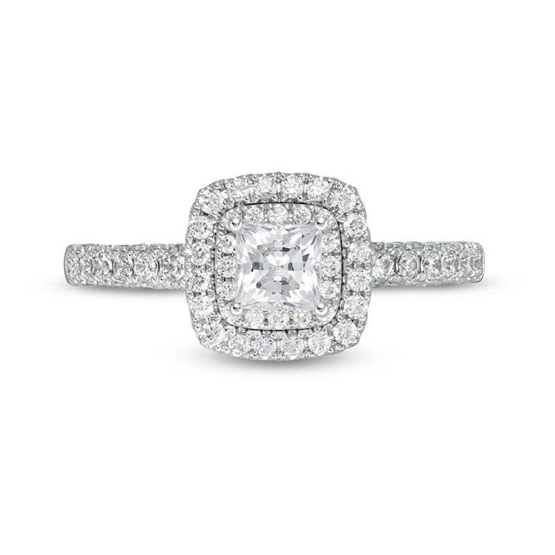 Main Image 4 of Previously Owned - 1 CT. T.W. Princess-Cut Diamond Cushion Frame Engagement Ring in Platinum (I/SI2)