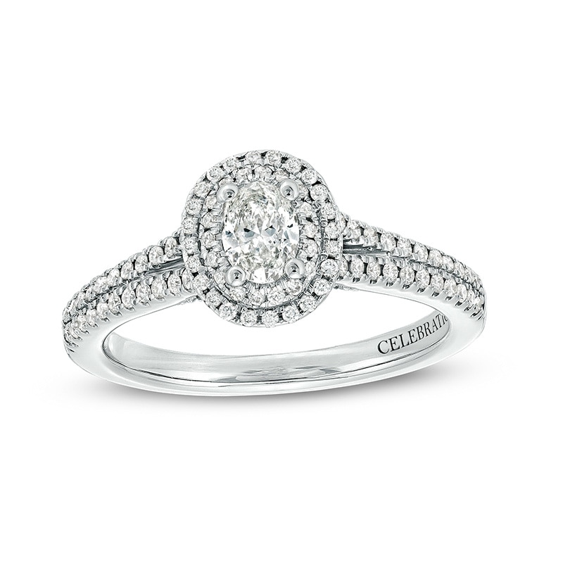 Main Image 1 of Previously Owned - Celebration Infinite™ 3/4 CT. T.W. Oval Diamond Frame Split Shank Engagement Ring in 14K White Gold