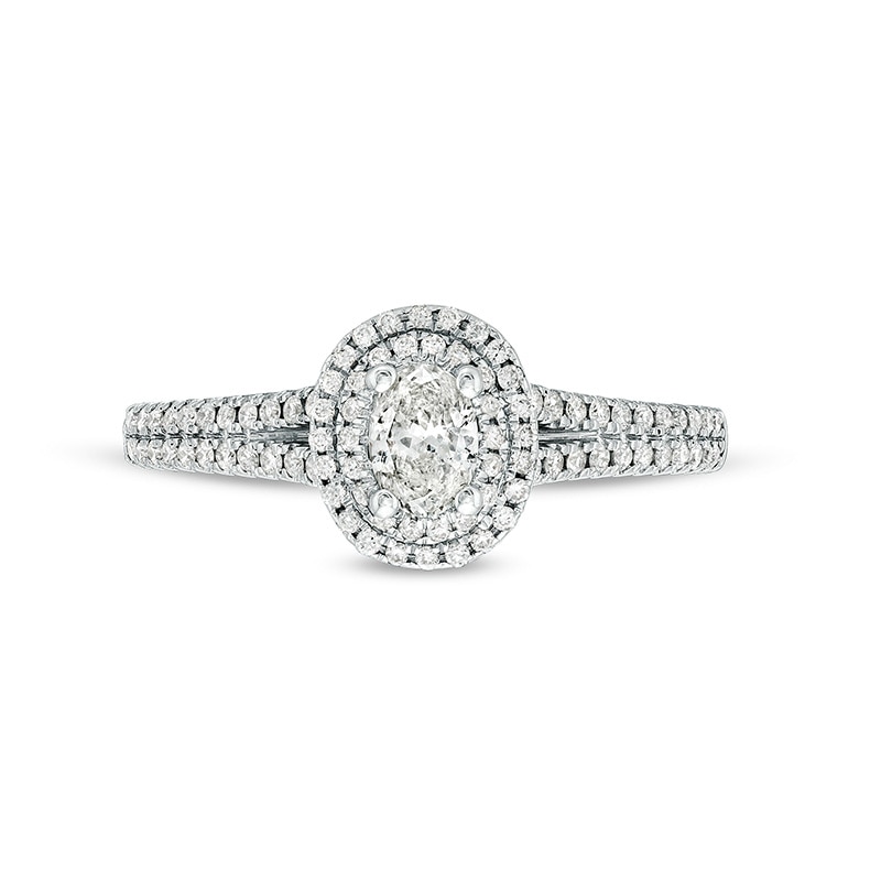 Main Image 4 of Previously Owned - Celebration Infinite™ 3/4 CT. T.W. Oval Diamond Frame Split Shank Engagement Ring in 14K White Gold