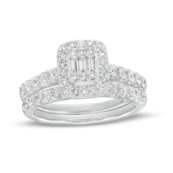 Previously Owned - 1 CT. T.w. Emerald-Shaped Multi-Diamond Frame Bridal Set in 14K White Gold