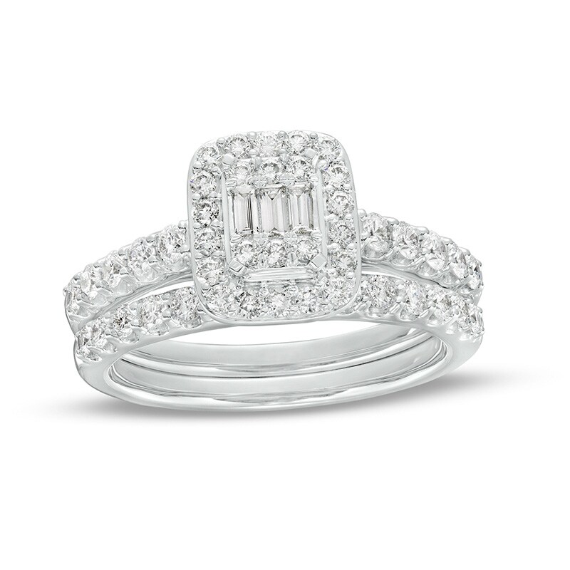 Main Image 1 of Previously Owned - 1 CT. T.W. Emerald-Shaped Multi-Diamond Frame Bridal Set in 14K White Gold