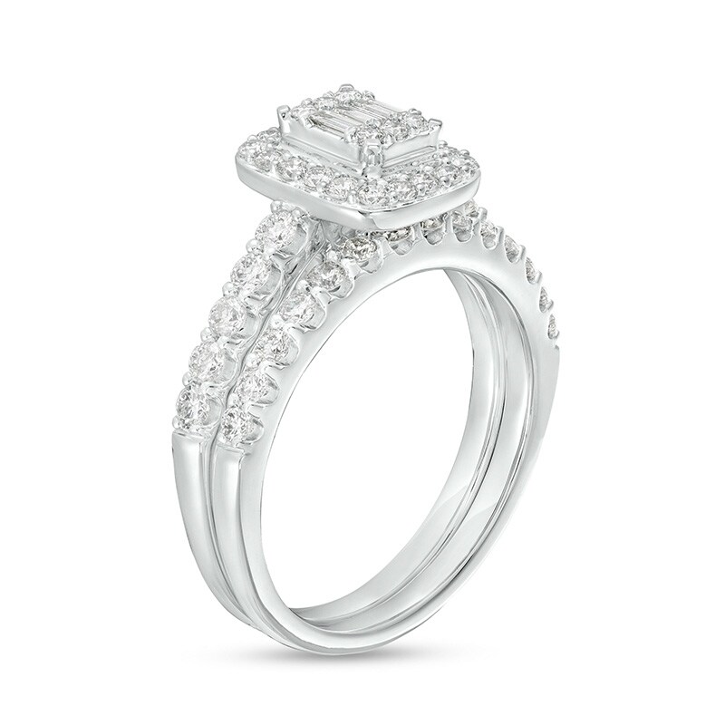 Main Image 3 of Previously Owned - 1 CT. T.W. Emerald-Shaped Multi-Diamond Frame Bridal Set in 14K White Gold