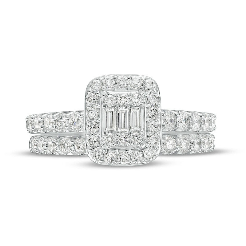 Main Image 4 of Previously Owned - 1 CT. T.W. Emerald-Shaped Multi-Diamond Frame Bridal Set in 14K White Gold