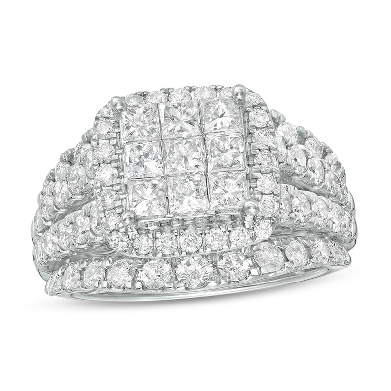 Previously Owned - 2-1/2 CT. T.W. Princes-Cut Multi-Diamond Frame Multi-Row Engagement Ring in 14K White Gold