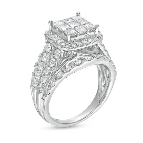 Previously Owned - 2-1/2 CT. T.w. Princess-Cut Multi-Diamond Frame Multi-Row Engagement Ring in 14K White Gold