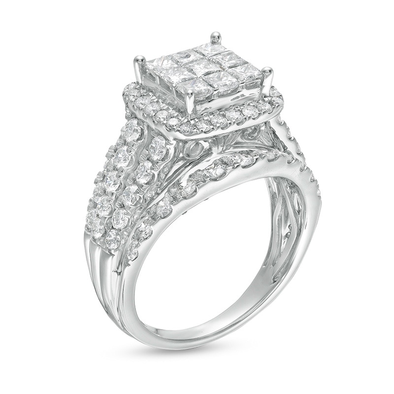 Previously Owned - 2-1/2 CT. T.W. Princes-Cut Multi-Diamond Frame Multi-Row Engagement Ring in 14K White Gold