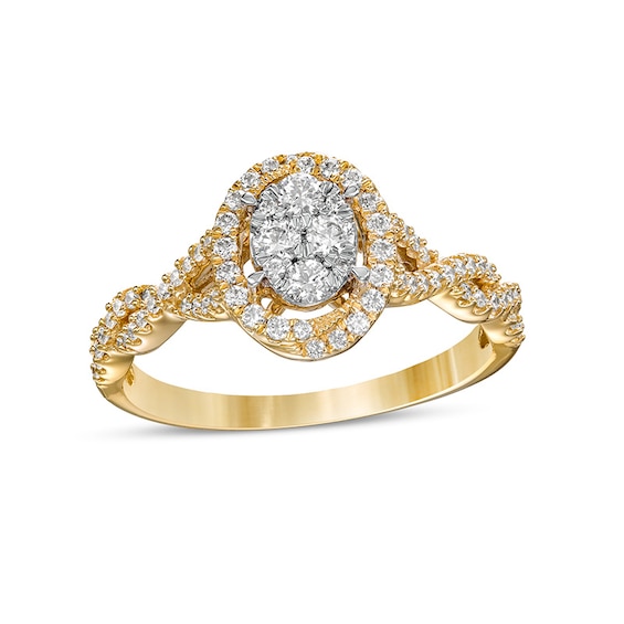 Previously Owned - 1/2 CT. T.w. Oval Multi-Diamond Frame Twist Shank Engagement Ring in 10K Gold