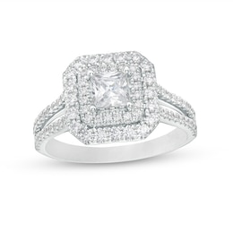 Previously Owned - Celebration Ideal 1-1/4 CT. T.W. Princess-Cut Diamond Double Frame Engagement Ring in 14K White Gold