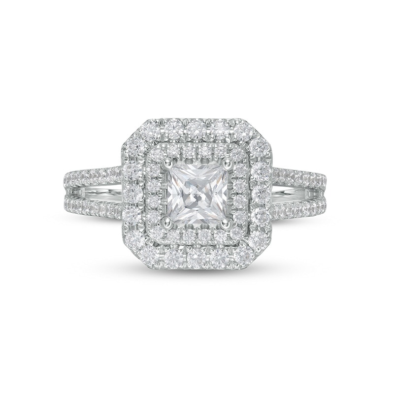 Main Image 4 of Previously Owned - Celebration Ideal 1-1/4 CT. T.W. Princess-Cut Diamond Double Frame Engagement Ring in 14K White Gold