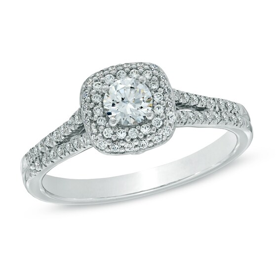 Previously Owned - 5/8 CT. T.w. Diamond Double Cushion Frame Engagement Ring in 14K White Gold