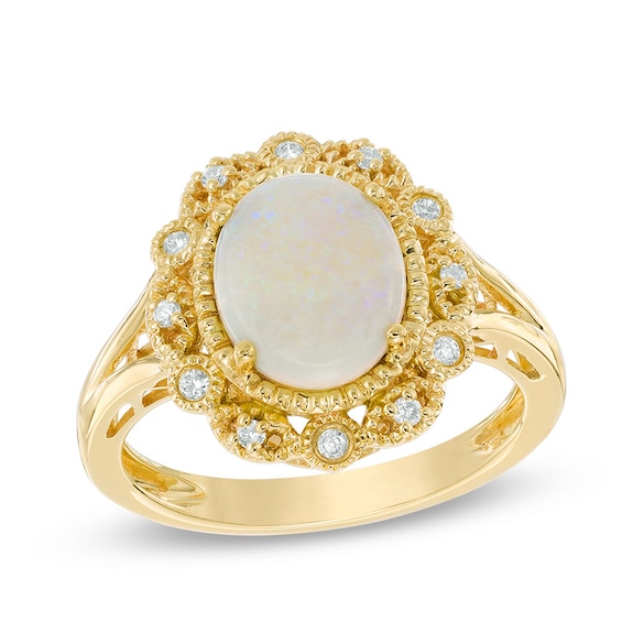 Previously Owned - Oval Opal and Diamond Accent Vintage-Style Frame Ring in 10K Gold