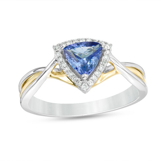 Previously Owned - 6.0mm Trillion-Cut Tanzanite and 1/10 CT. T.w. Diamond Frame Crossover Shank Ring in 10K Two-Tone Gold