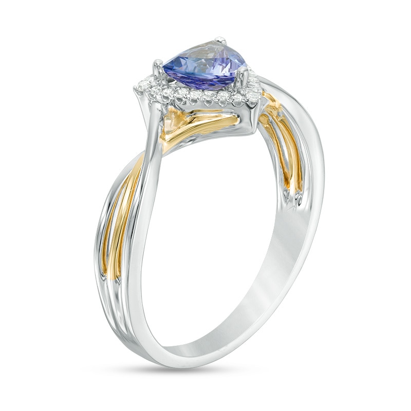 Main Image 2 of Previously Owned - 6.0mm Trillion-Cut Tanzanite and 1/10 CT. T.W. Diamond Frame Crossover Shank Ring in 10K Two-Tone Gold
