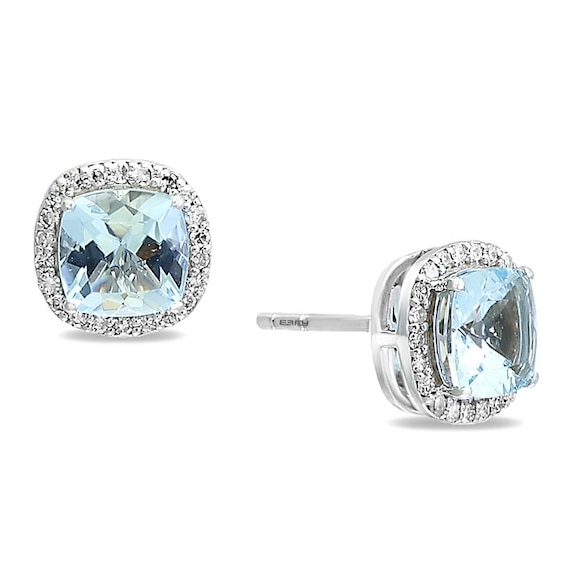 Previously Owned - Effyâ¢ Collection Cushion-Cut Aquamarine and 1/6 CT. T.w. Diamond Frame Stud Earrings in 14K White Gold