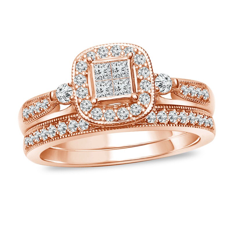 Main Image 1 of Previously Owned - 1/2 CT. T.W. Quad Princess-Cut Diamond Frame Vintage-Style Bridal Set in 10K Rose Gold