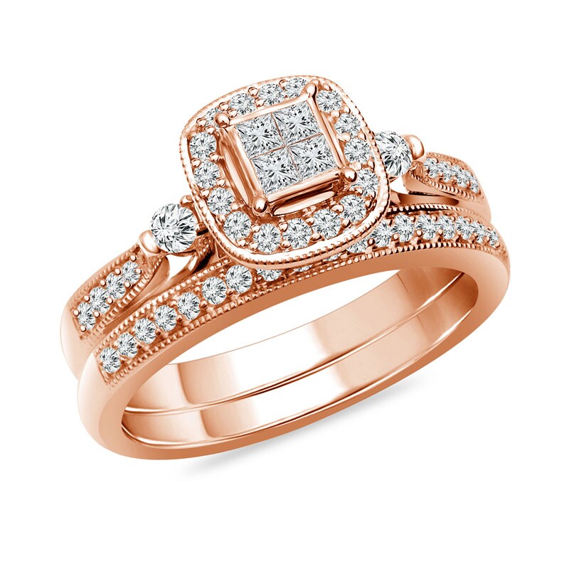 Main Image 2 of Previously Owned - 1/2 CT. T.W. Quad Princess-Cut Diamond Frame Vintage-Style Bridal Set in 10K Rose Gold