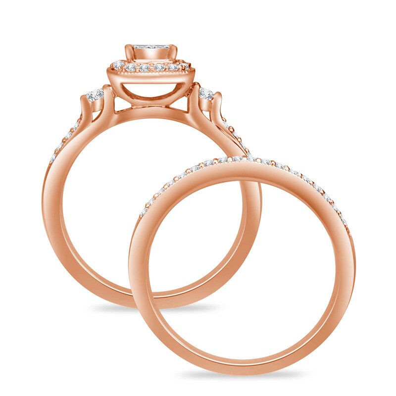 Main Image 3 of Previously Owned - 1/2 CT. T.W. Quad Princess-Cut Diamond Frame Vintage-Style Bridal Set in 10K Rose Gold