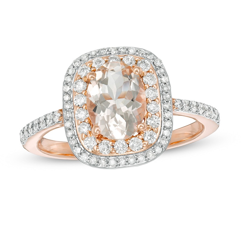 Main Image 1 of Previously Owned - Oval Morganite and 3/8 CT. T.W. Diamond Double Cushion Frame Ring in 10K Rose Gold