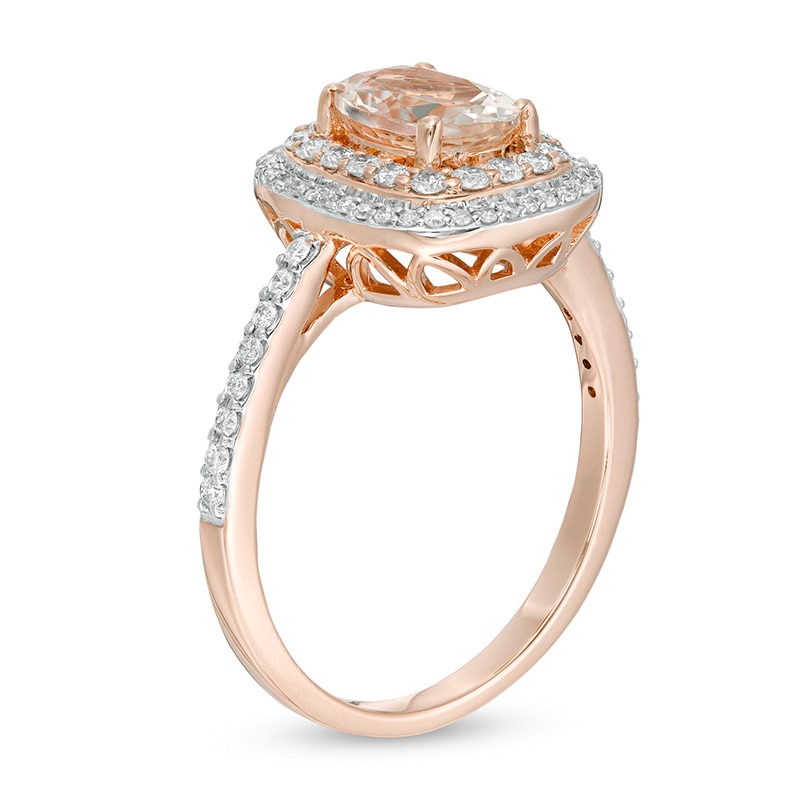 Main Image 2 of Previously Owned - Oval Morganite and 3/8 CT. T.W. Diamond Double Cushion Frame Ring in 10K Rose Gold