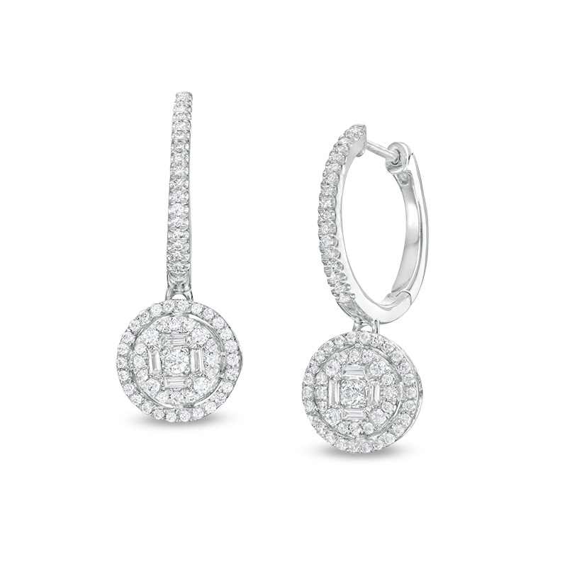 Main Image 1 of Previously Owned - 1/2 CT. T.W. Multi-Diamond Double Frame Drop Earrings in 10K White Gold