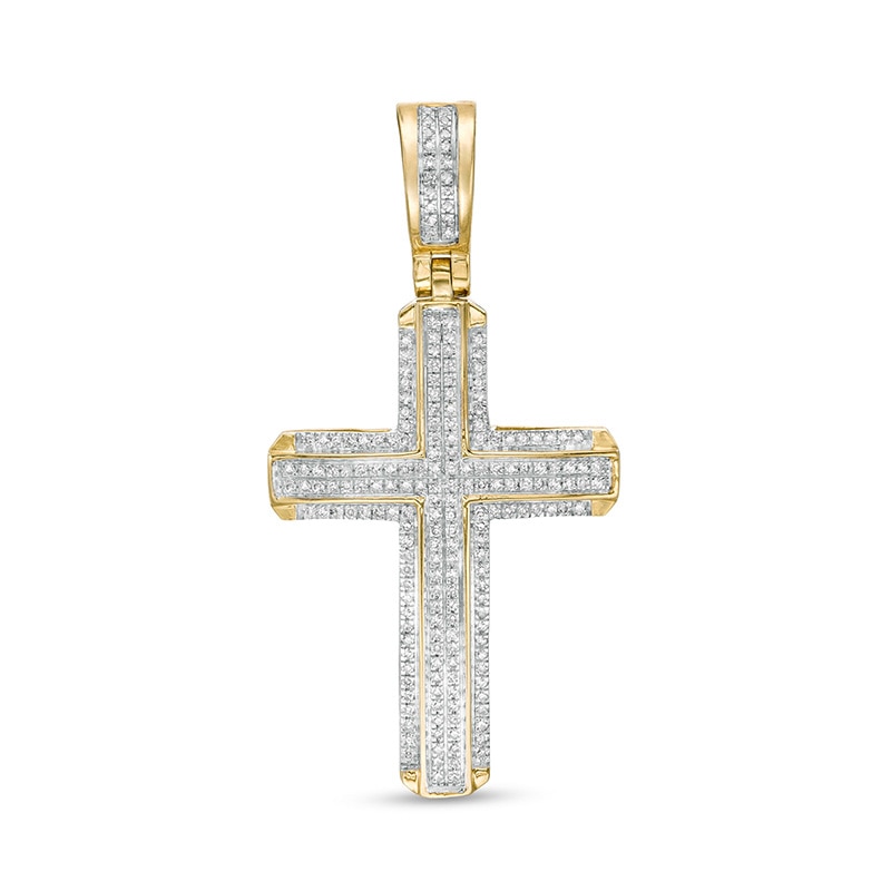 Main Image 1 of Previously Owned - 1/4 CT. T.W. Diamond Double Row Cross Necklace Charm in 10K Gold