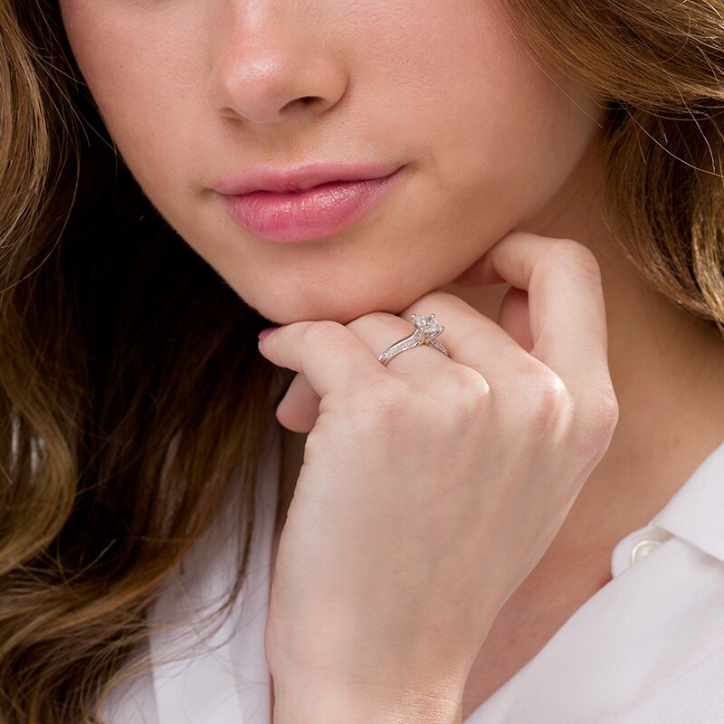 Main Image 2 of Previously Owned - 1-1/8 CT. T.W. Princess-Cut Diamond Solitaire Engagement Ring in 14K White Gold (I/I2)