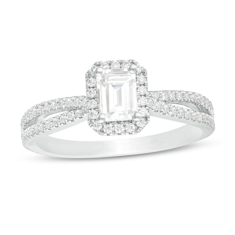 Previously Owned - 3/4 CT. T.W. Emerald-Cut Frame Split Shank Engagement Ring in 14K White Gold (I/I1)