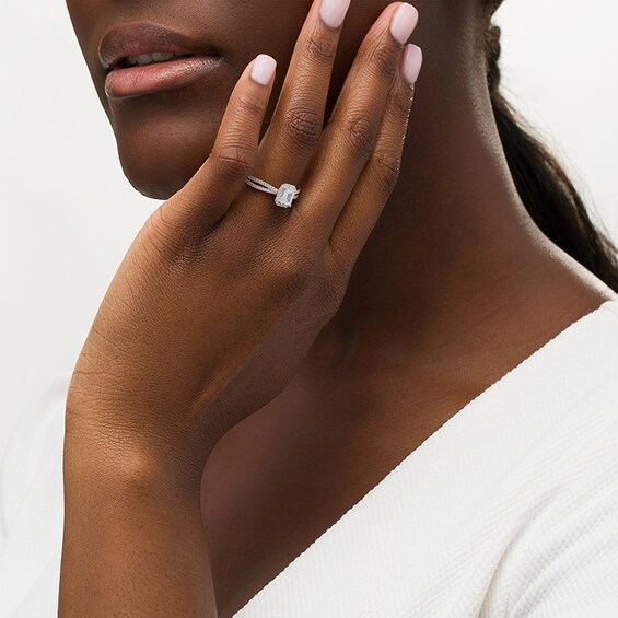 Previously Owned - 3/4 CT. T.w. Emerald-Cut Frame Split Shank Engagement Ring in 14K White Gold (I/I1)