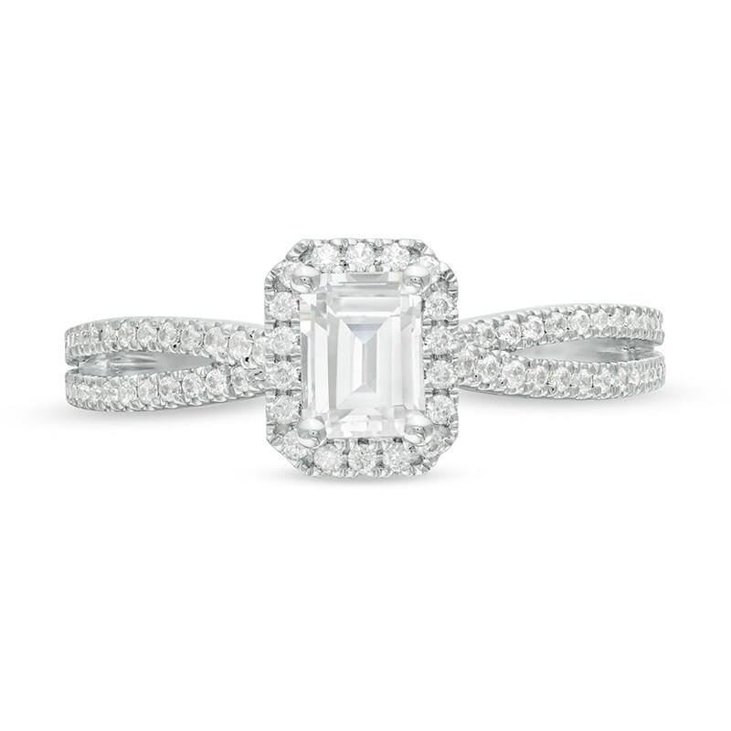 Main Image 4 of Previously Owned - 3/4 CT. T.W. Emerald-Cut Frame Split Shank Engagement Ring in 14K White Gold (I/I1)