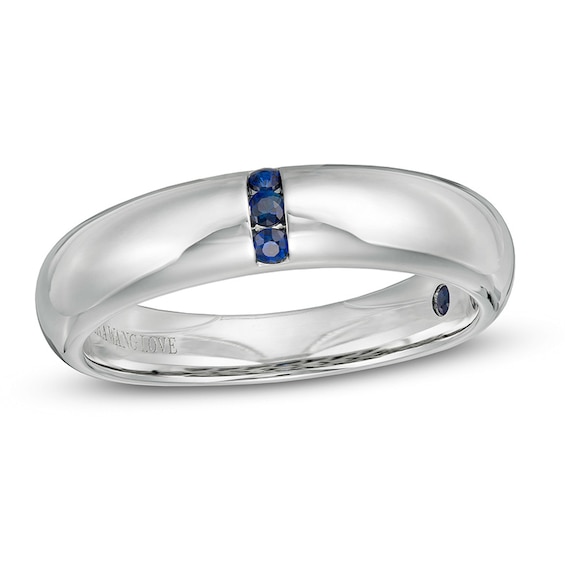 Previously Owned - Vera Wang Men's Blue Sapphire Linear Three Stone Wedding Band in 14K White Gold