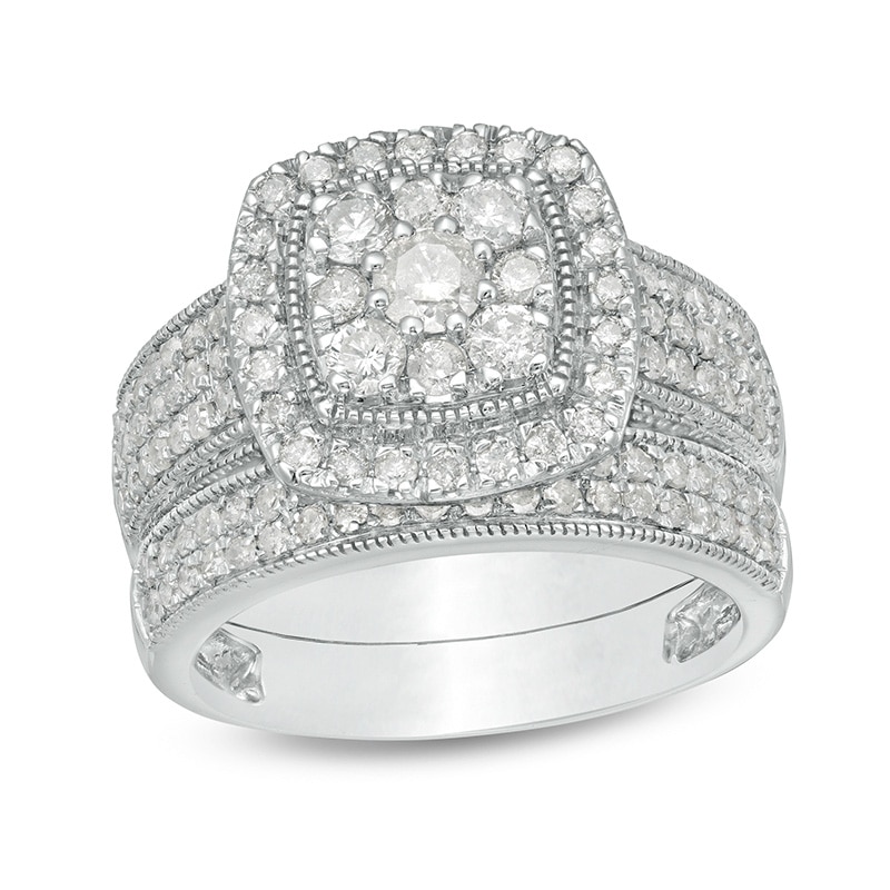 Main Image 1 of Previously Owned - 1-1/3 CT. T.W. Cushion Multi-Diamond Frame Multi-Row Vintage-Style Bridal Set in 10K White Gold