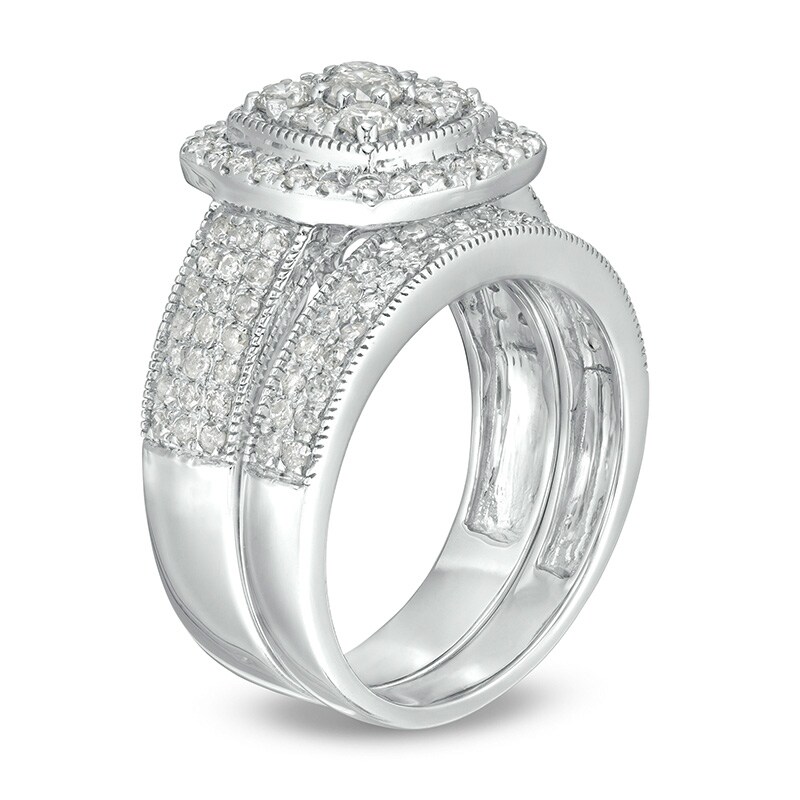 Main Image 3 of Previously Owned - 1-1/3 CT. T.W. Cushion Multi-Diamond Frame Multi-Row Vintage-Style Bridal Set in 10K White Gold