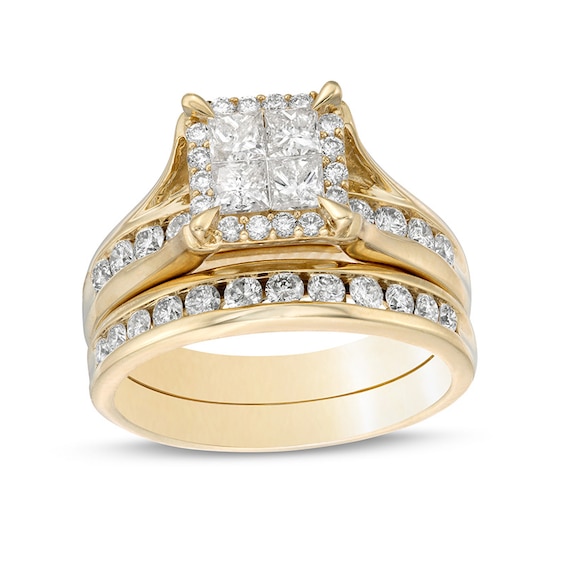 Previously Owned - 1-1/2 CT. T.w. Princess-Cut Quad Diamond Frame Bridal Set in 14K Gold