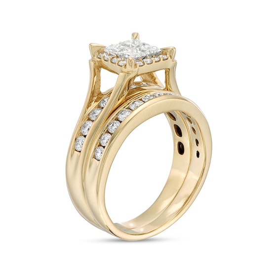 Previously Owned - 1-1/2 CT. T.w. Princess-Cut Quad Diamond Frame Bridal Set in 14K Gold