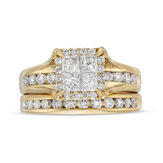 Previously Owned - 1-1/2 CT. T.w. Princess-Cut Quad Diamond Frame Bridal Set in 14K Gold
