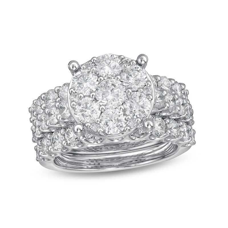 Main Image 1 of Previously Owned - 4 CT. T.W. Multi-Diamond Vintage-Style Three Piece Bridal Set in 14K White Gold