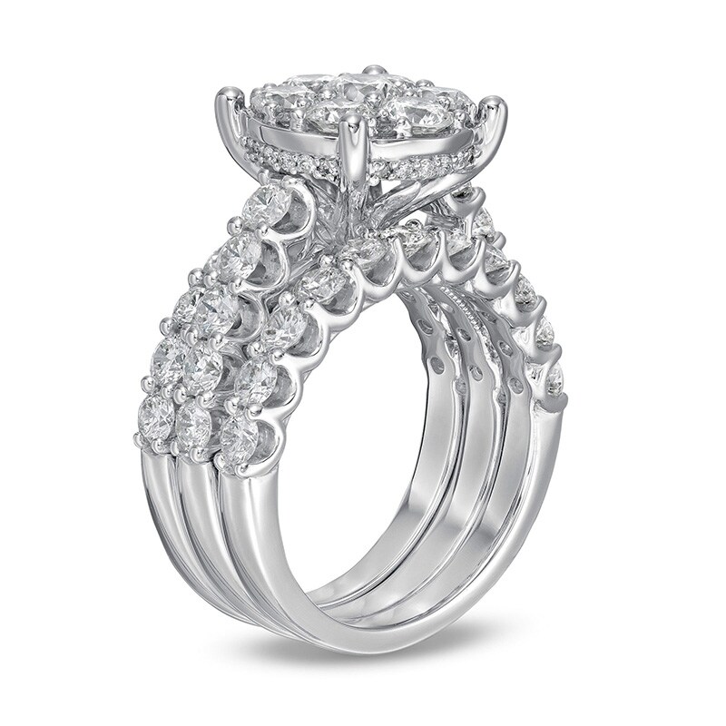 Main Image 3 of Previously Owned - 4 CT. T.W. Multi-Diamond Vintage-Style Three Piece Bridal Set in 14K White Gold