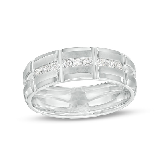 Previously Owned - 1/4 CT. T.w. Diamond Channel Brick Pattern Wedding Band in 10K White Gold - Size 10