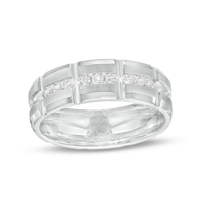 Main Image 1 of Previously Owned - 1/4 CT. T.W. Diamond Channel Brick Pattern Wedding Band in 10K White Gold - Size 10