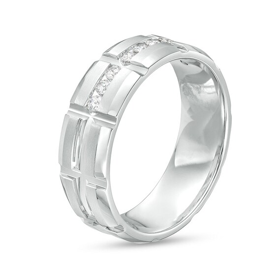 Previously Owned - 1/4 CT. T.w. Diamond Channel Brick Pattern Wedding Band in 10K White Gold - Size 10