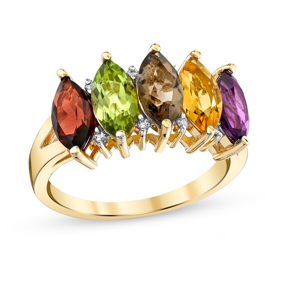 Previously Owned - Marquise Multi-Gemstone and 1/20 CT. T.w. Diamond Five Stone Split Shank Ring in 14K Gold