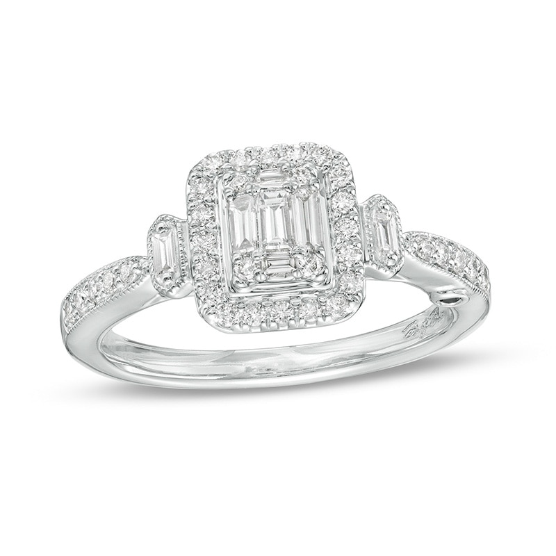 Main Image 1 of Previously Owned - Marilyn Monroe™ Collection 1/2 CT. T.W. Emerald-Shaped Multi-Diamond Frame Ring in 14K White Gold