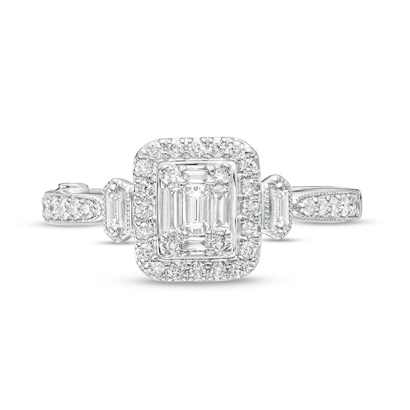 Main Image 4 of Previously Owned - Marilyn Monroe™ Collection 1/2 CT. T.W. Emerald-Shaped Multi-Diamond Frame Ring in 14K White Gold