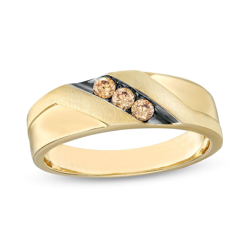 Main Image 1 of Previously Owned - 1/5 CT. T.W. Champagne Diamond Three Stone Wedding Band in 10K Gold with Black Rhodium