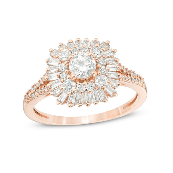 Previously Owned - 1 CT. T.w. Baguette and Round Diamond Starburst Frame Ring in 14K Rose Gold