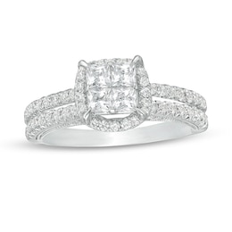 Previously Owned - 1 CT. T.W. Princess-Cut Quad Diamond Frame Vintage-Style Engagement Ring in 14K White Gold