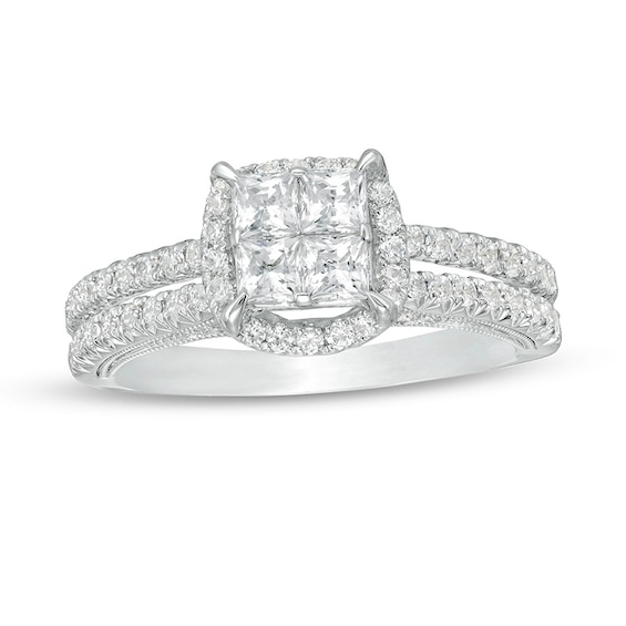 Previously Owned - 1 CT. T.w. Princess-Cut Quad Diamond Frame Vintage-Style Engagement Ring in 14K White Gold