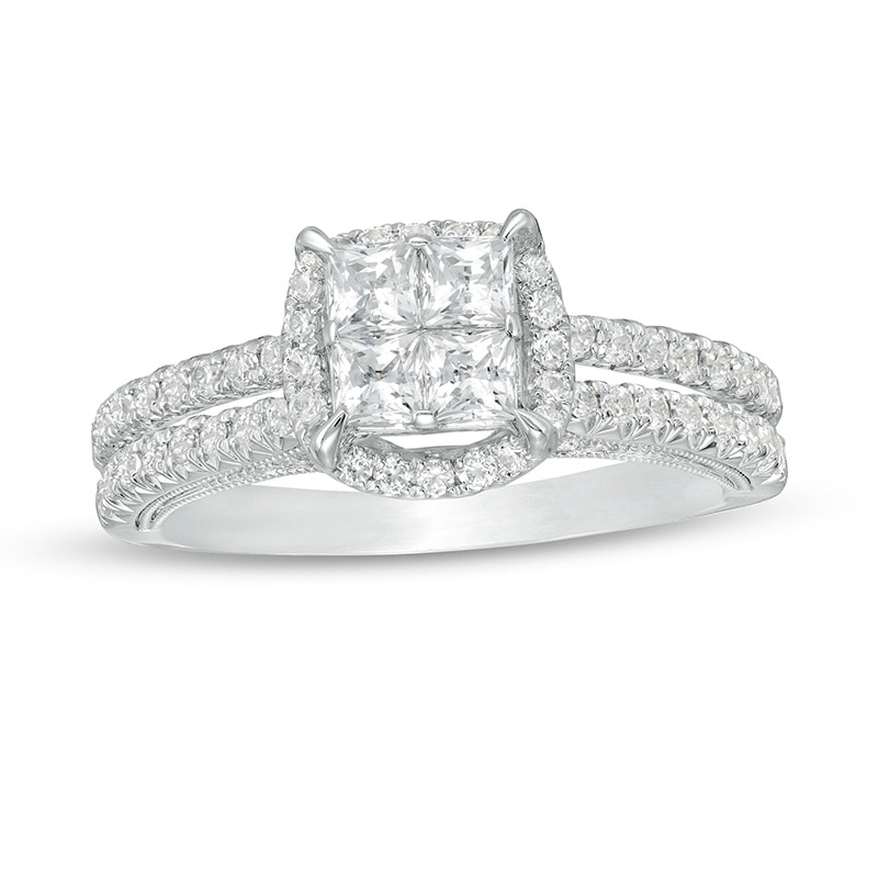 Main Image 1 of Previously Owned - 1 CT. T.W. Princess-Cut Quad Diamond Frame Vintage-Style Engagement Ring in 14K White Gold