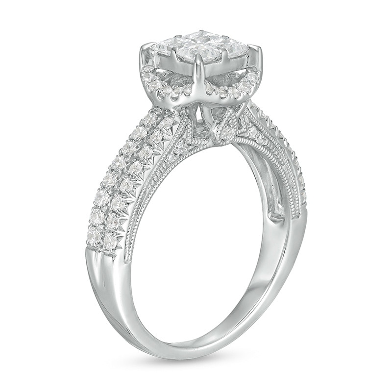 Main Image 3 of Previously Owned - 1 CT. T.W. Princess-Cut Quad Diamond Frame Vintage-Style Engagement Ring in 14K White Gold
