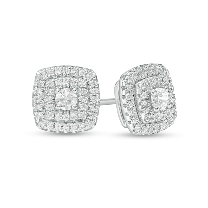 Main Image 1 of Previously Owned - 1/2 CT. T.W. Diamond Cushion Double Frame Stud Earrings in 10K White Gold